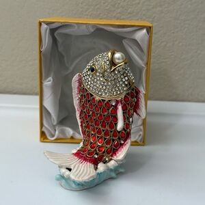 Koi Fish with Pearl Metal Trinket Box Tchotchke